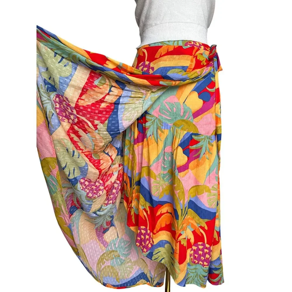 Christian Siriano Tropical Print Maxi Skirt Wrap Tie Colorful Boho Resort Medium